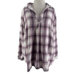 J. Jill Women's White Pink Plaid Flannel Popover Long Sleeve Shirt Size XL